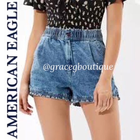 Ruffle Hem High Waisted Mom Shorts American Eagle Distressed Vintage Wash Size 0 - Picture 1 of 14